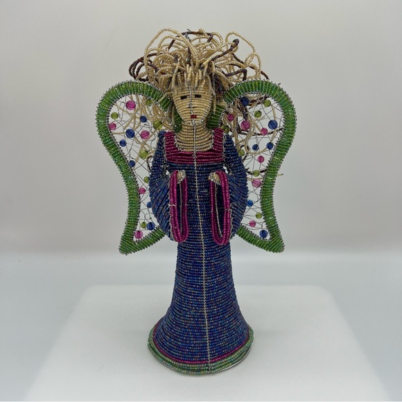 Beaded Angel Figurine Free Standing Seed Beads Bendable Wire Hair 11” Blue Dress - Picture 1 of 10